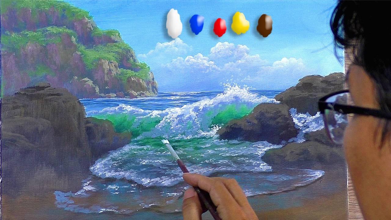 How To Paint Rocky Beach And Crashing Waves In Acrylics Time Lapse