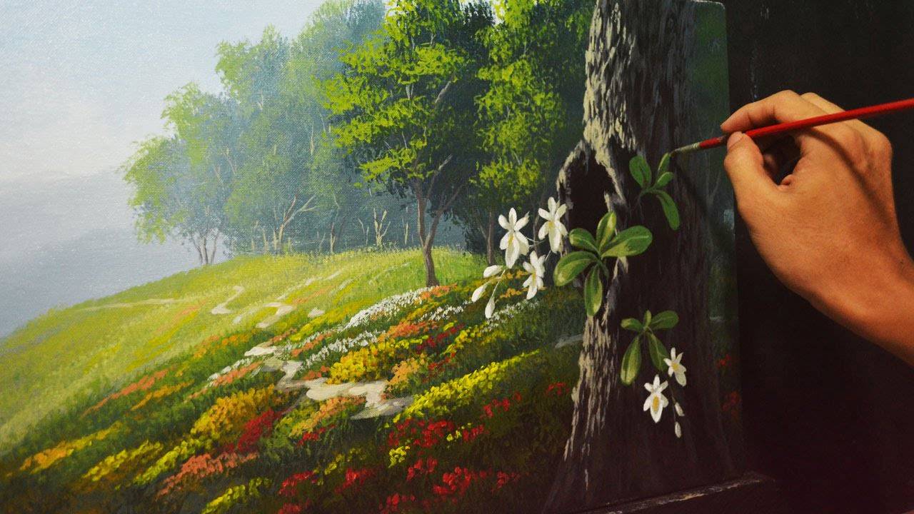Acrylic Landscape Painting Lesson - Garden and Orchids by JMLisondra