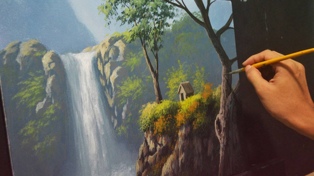 Acrylic Landscape Painting Lesson - House Beside the Waterfalls by JMLisondra