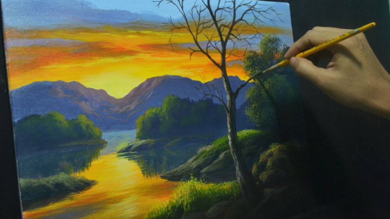 Acrylic Landscape Painting Lesson - How to Paint Sunset River and Reflections by JMLisondra