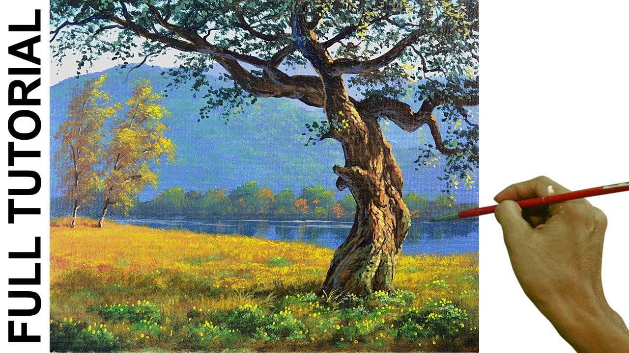 Acrylic Landscape Painting TUTORIAL / Golden Field with Big Tree ...