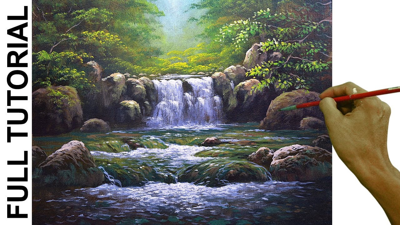 Acrylic Landscape Painting TUTORIAL Waterfalls and Rushing