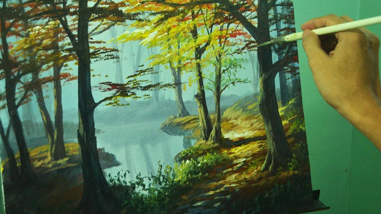 Acrylic Landscape Painting Tutorial - Autumn in Forest by JM Lisondra
