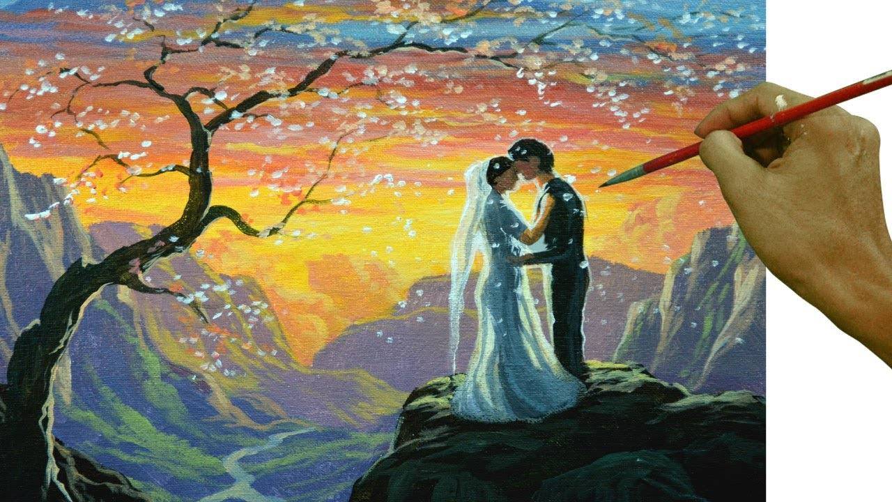 Acrylic Landscape Painting Tutorial Just Married Couple on Sunset Mountain and Valleys with Cherry