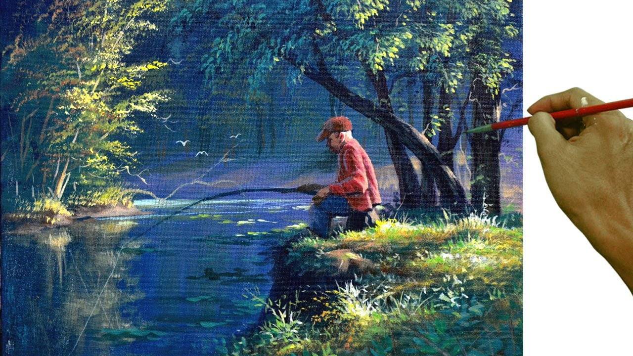 Acrylic Landscape Painting Tutorial / Old Man Fishing on the River in ...