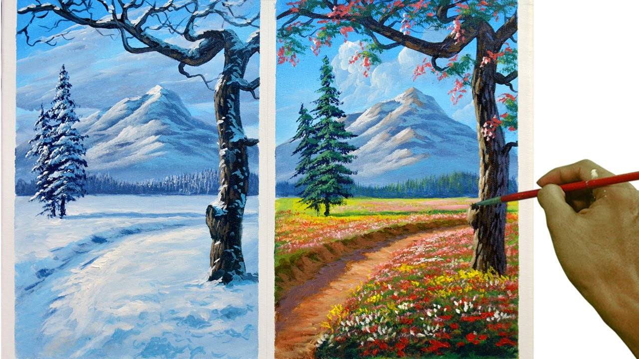 Acrylic Landscape Painting Tutorial / Winter and Spring Season