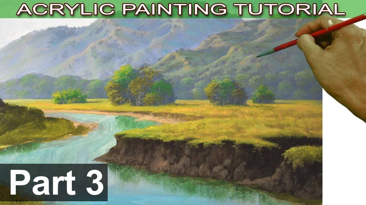 Acrylic Landscape Painting Tutorial on Bigger Canvas | Fields, Trees, Cliffs and River Bank | Part 3
