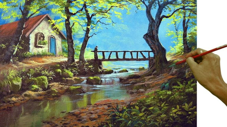 Acrylic Landscape Painting in Time-lapse / Cabin and Bridge / JMLisondra