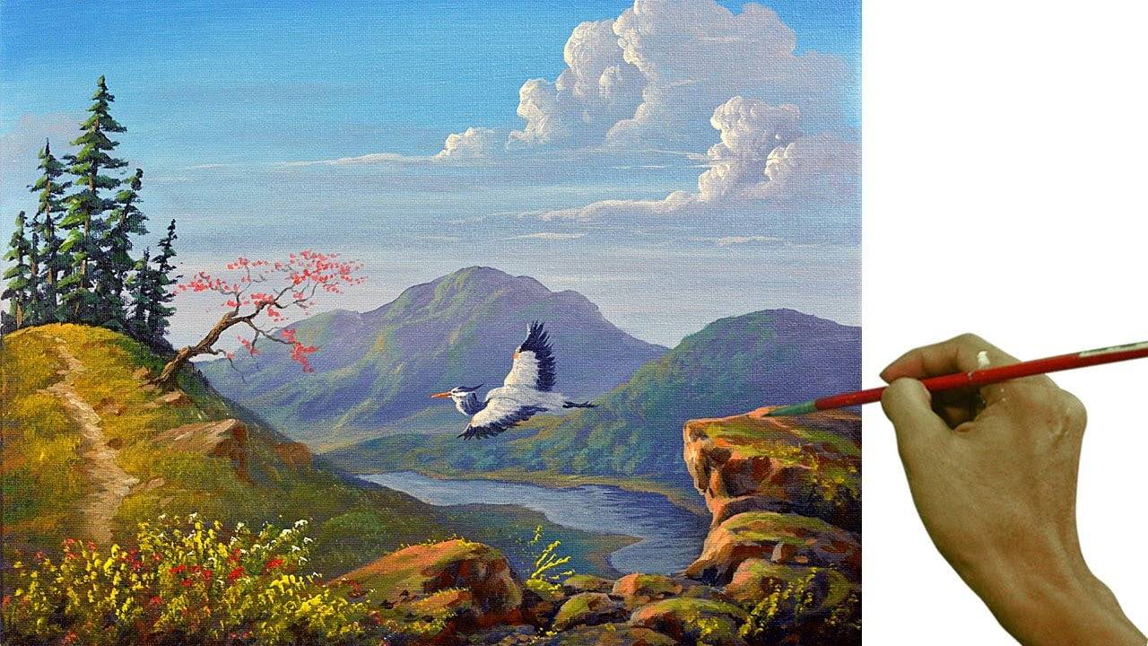 Acrylic Landscape Painting in Time-lapse / Flying Heron / JMLisondra