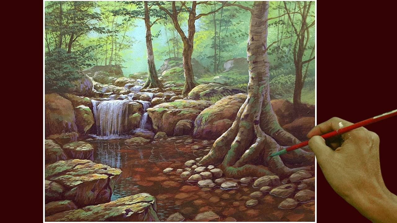 Acrylic Landscape Painting in Time-lapse / Forest Waterfall / JMLisondra