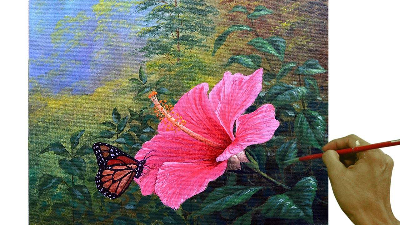 Acrylic Landscape Painting in Time-lapse / Hibiscus and butterfly / JMLisondra