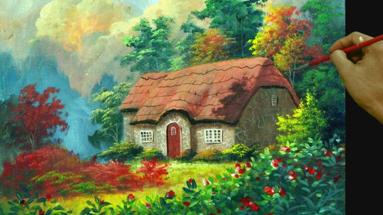 Acrylic Landscape Painting in Time-lapse / House in Colorful Garden / JMLisondra