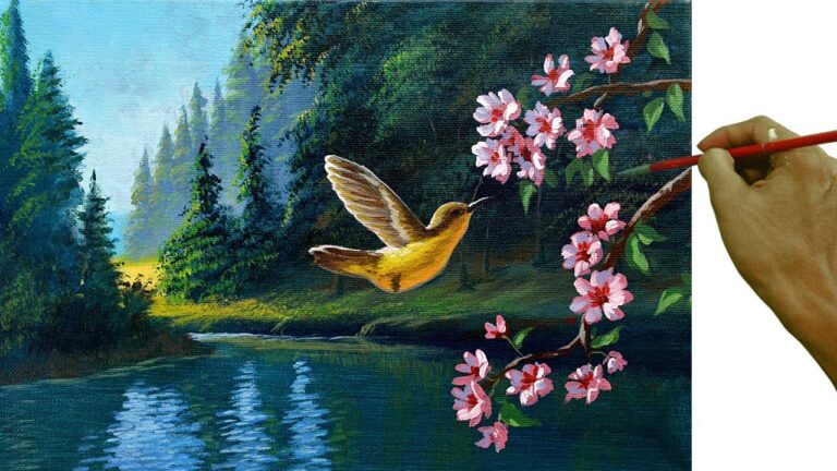 Acrylic Landscape Painting in Time-lapse / Humming Bird and Cherry Blossom / JMLisondra