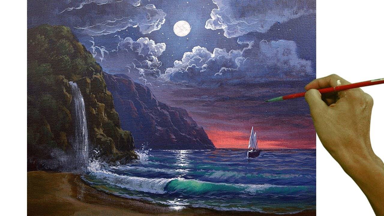 Acrylic Landscape Painting in Time-lapse / Moonlight on the Beach / JMLisondra