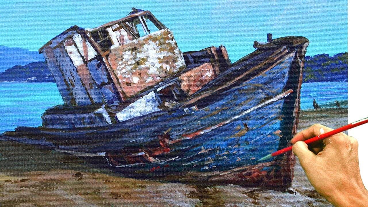 Acrylic Landscape Painting in Time-lapse / Old Rusty Boat / JMLisondra