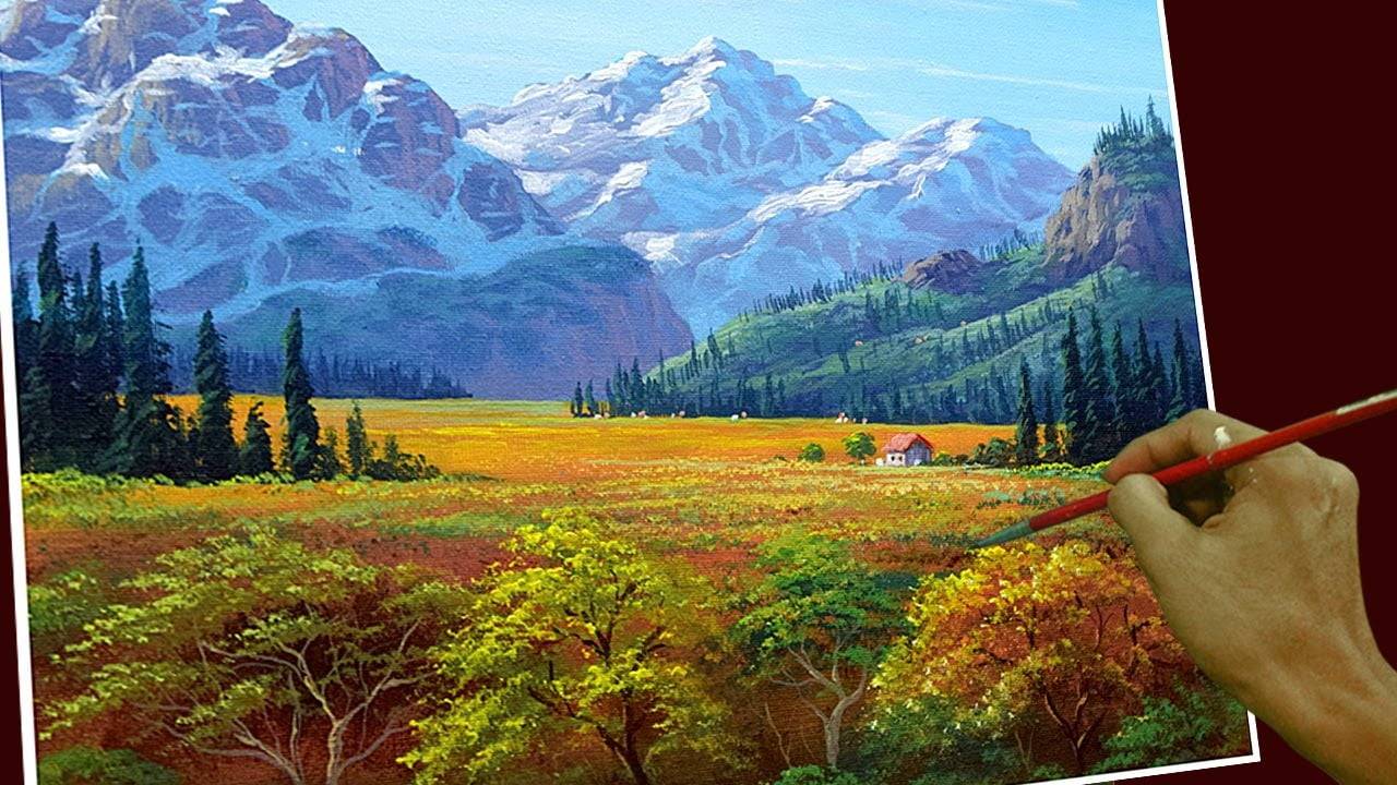Acrylic Landscape Painting in Time-lapse / Snowy Mountains and Golden Field / JMLisondra