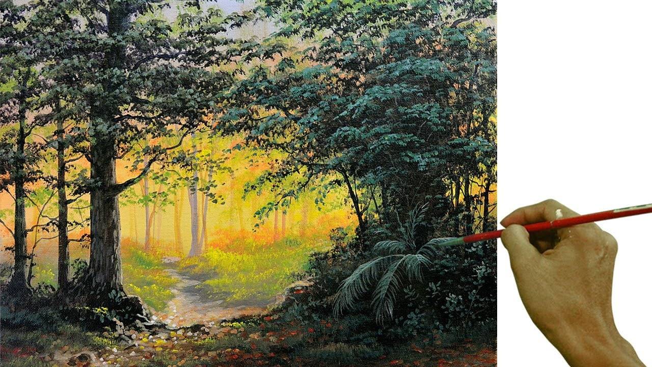 Acrylic Landscape Painting in Time-lapse / Sunset in Tropical Forest / JMLisondra