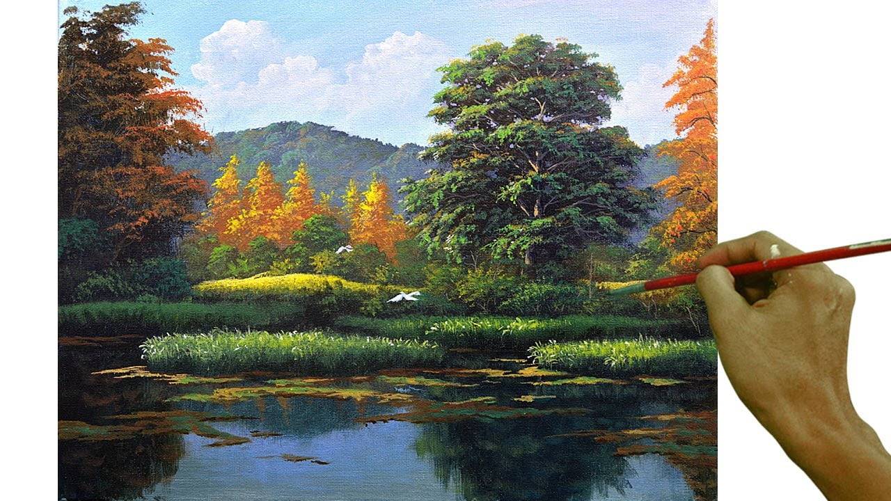 Acrylic Landscape Painting in Time-lapse / Tree on River Bank / JMLisondra