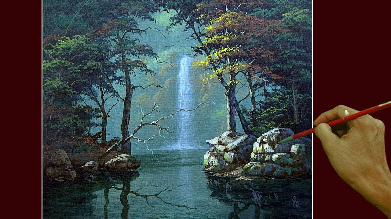 Acrylic Landscape Painting in Time-lapse / Waterfalls in the Forest / JMLisondra