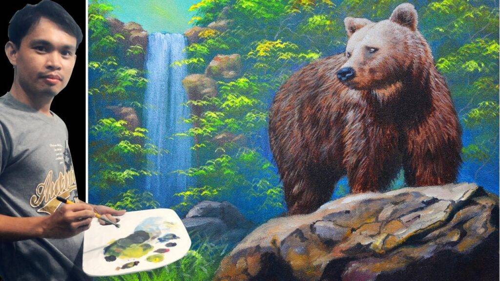 Acrylic Painting Tutorial Brown Bear on a Rock and the Waterfall by JM Lisondra