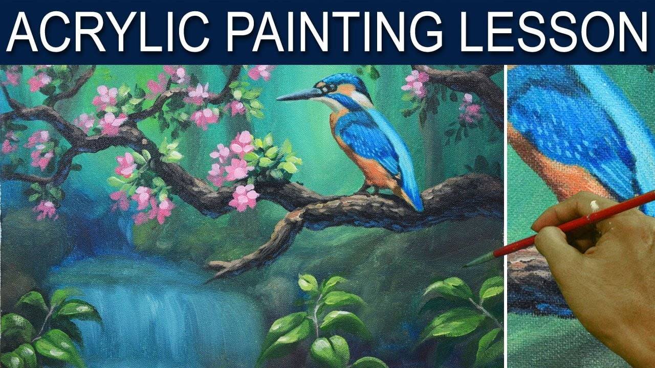 Acrylic Painting Tutorial Kingfisher Blue Bird on a Tree Branch with ...