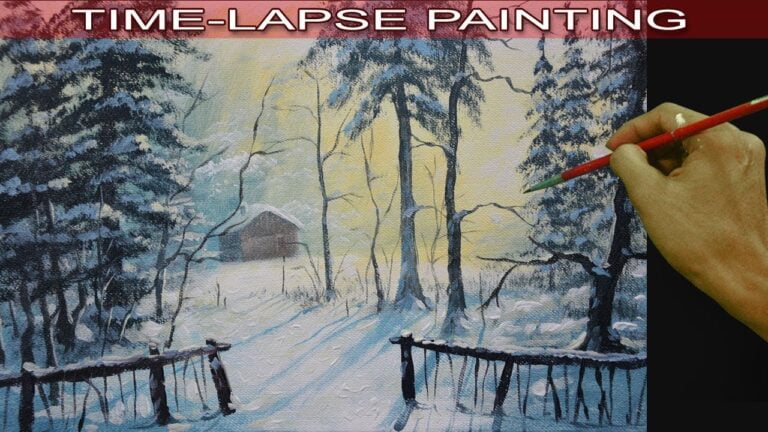 Acrylic Painting in Time Lapse | Barn in the Snow Forest by JM Lisondra
