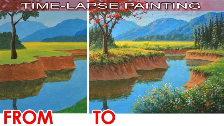 Acrylic Painting in Time Lapse – Basic to Realistic Landscape with Fire Tree and River
