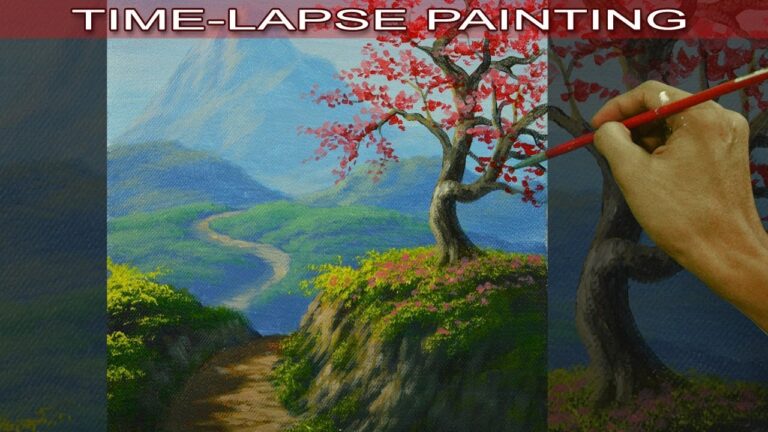 Acrylic Painting in Time Lapse Cherry Tree on Top of Mountain by JM Lisondra
