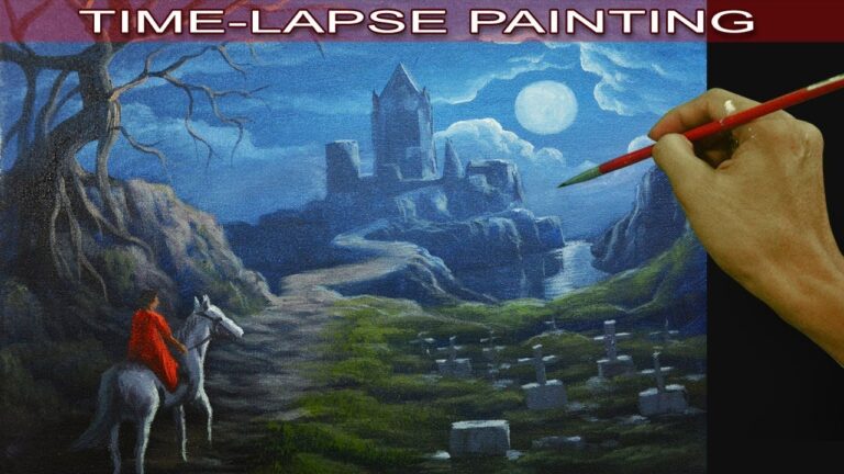 Acrylic Painting in Time Lapse Lady on White Horse and Castle by JM Lisondra