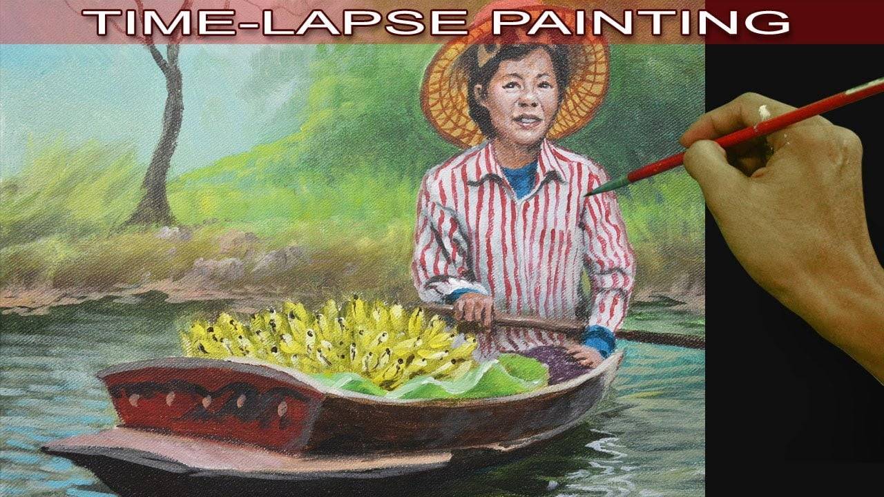 Acrylic Painting in Time Lapse Old Lady Fruit Vendor on a Boat by JM Lisondra