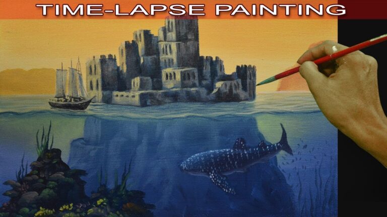 Acrylic Painting in Time Lapse-Surreal Seascape with Castle, Sailing Ship and Underwater Whale Shark