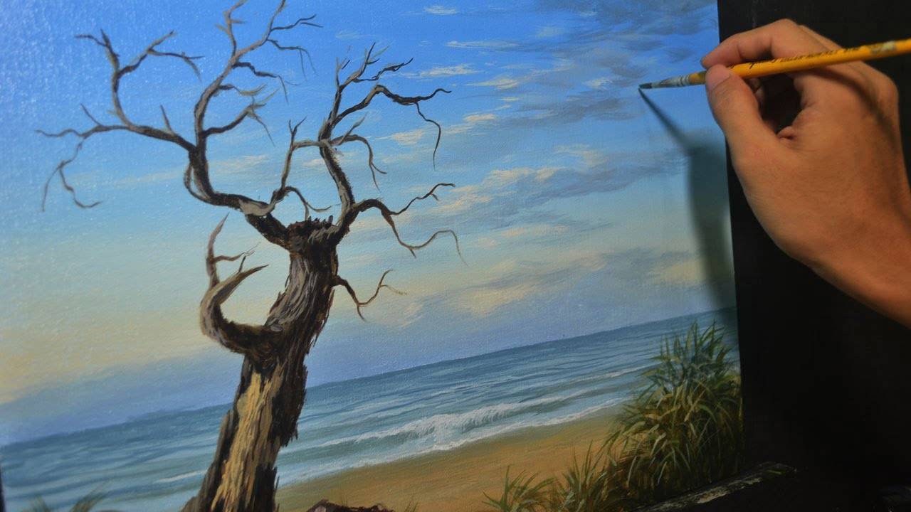 Acrylic Seascape Painting Lesson - Old Tree in the Beach in Step by Step Tutorial by JMLisondra