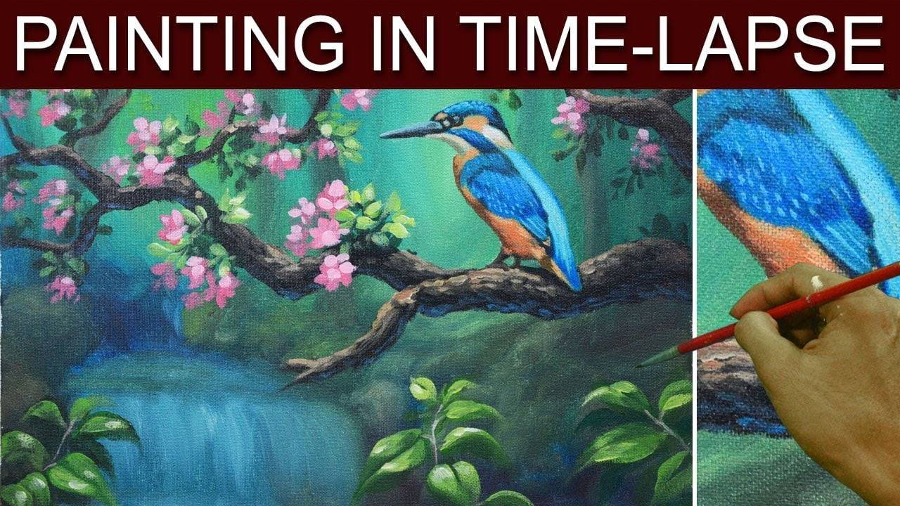 Blue Bird and the Waterfall Acrylic Painting in Time Lapse by JM Lisondra