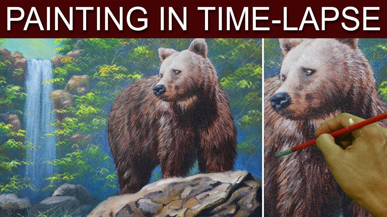 Brown Bear and the Waterfall Acrylic Painting in Time Lapse by JM Lisondra