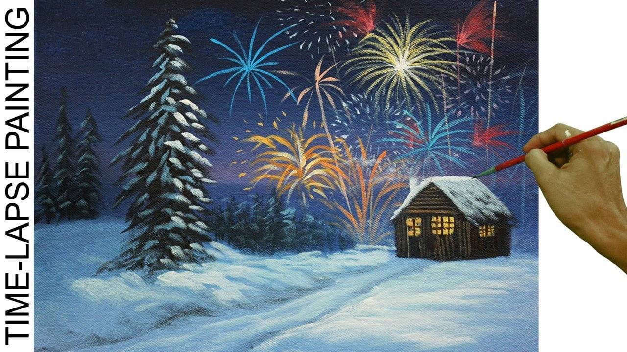How to Paint Fireworks on Winter Christmas Eve with Barn | Acrylic Painting in Time lapse