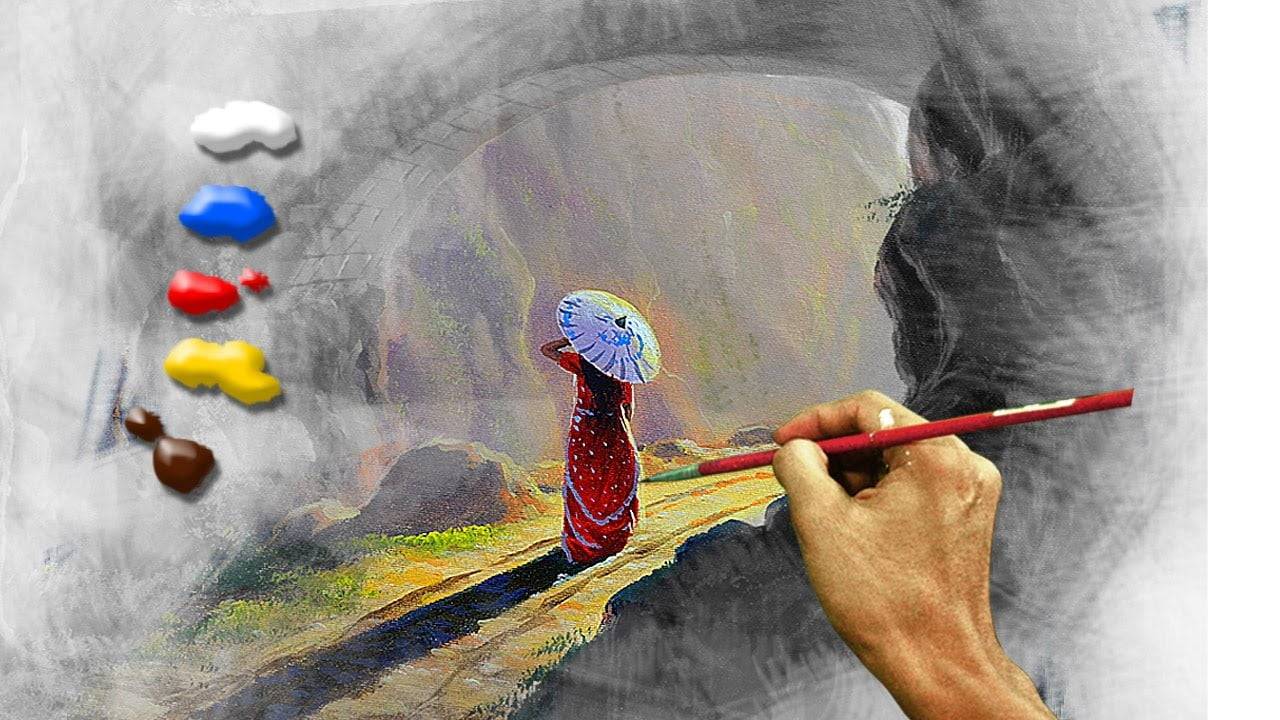 How to Paint Lady in Red with Umbrella under the Bridge in Acrylics / Time-lapse / JMLisondra