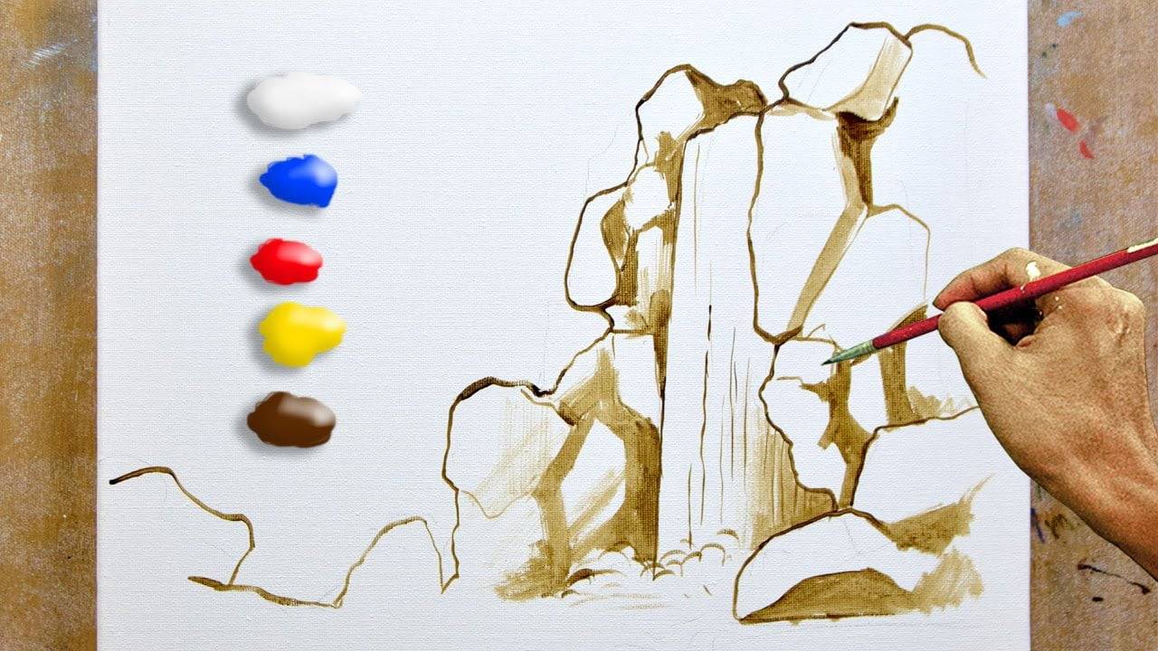 How to Paint Landscape with Waterfall and Old Tree in Acrylics / Time-lapse / JMLisondra