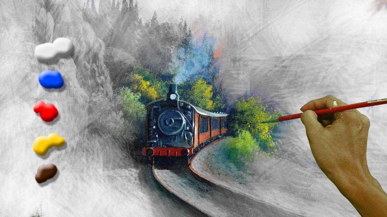 How to Paint Landscape with a Train in Acrylics / Time-lapse / JMLisondra
