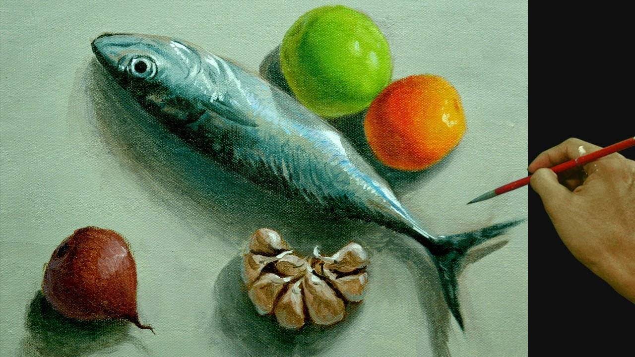 How to Paint Realistic Still Life with Fish, Garlic, Onion and Tomatoes in Acrylic