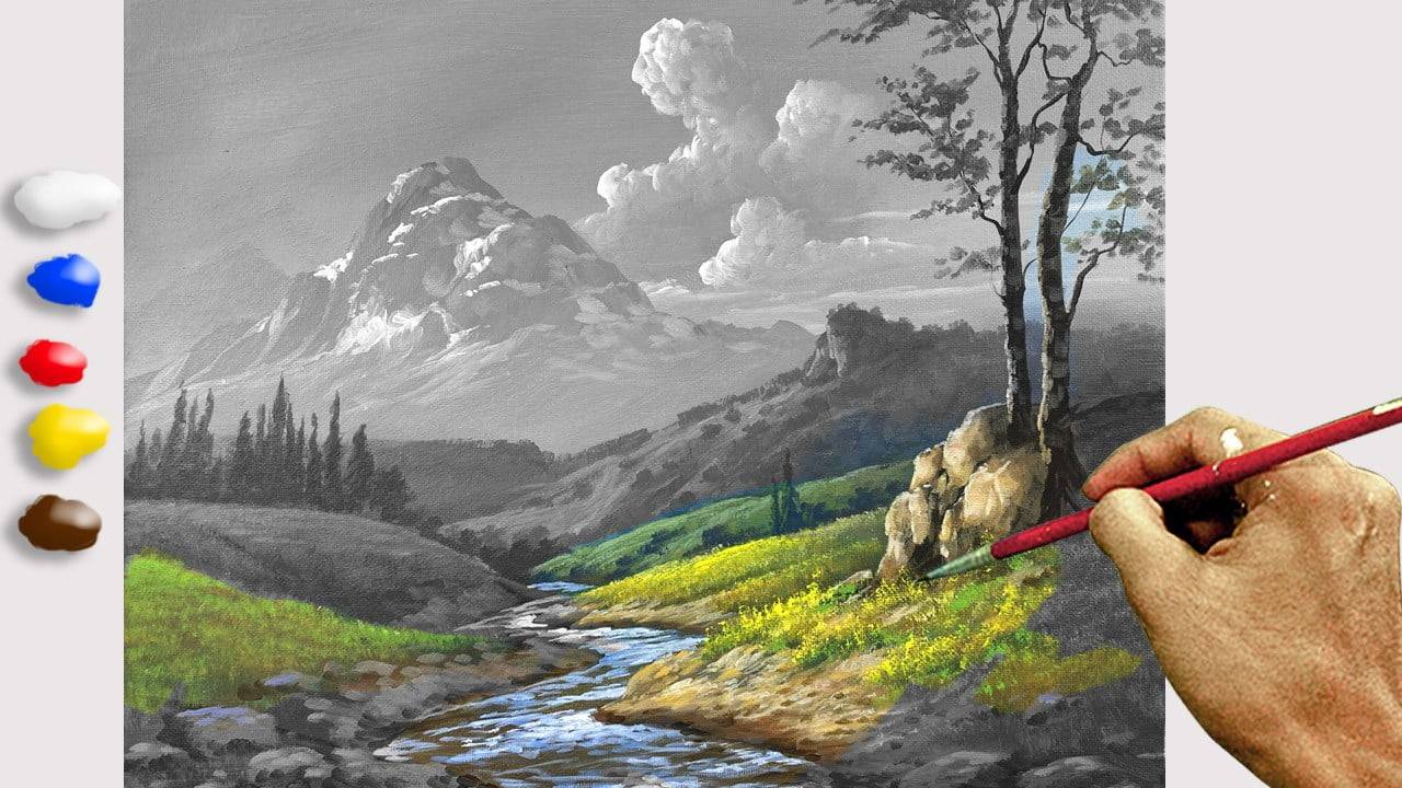 How to Paint Rushing River on the Valley in Acrylics / Time-lapse / JMLisondra