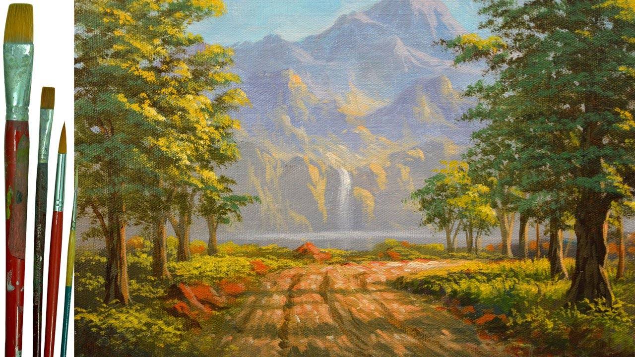 How to Paint Sun lights on Road to River with Waterfalls and Trees in Acrylic