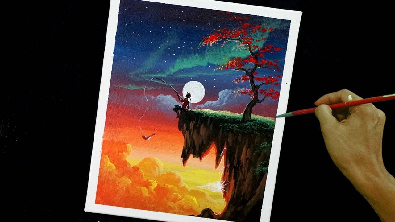 How to Paint a Boy Fishing in Moon Rise using Acrylics? / Time-lapse / JMLisondra