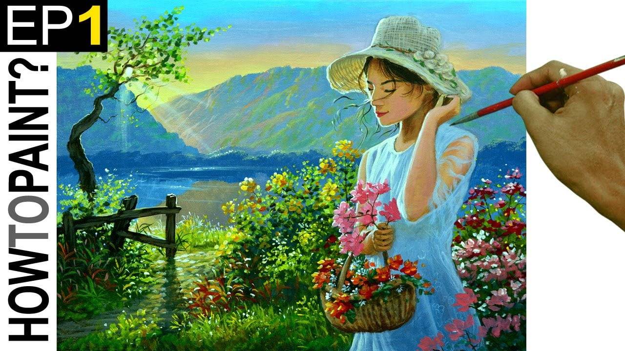 Lady with Basket of Flowers in Garden | Painting Tutorial in Acrylic | Ep 1