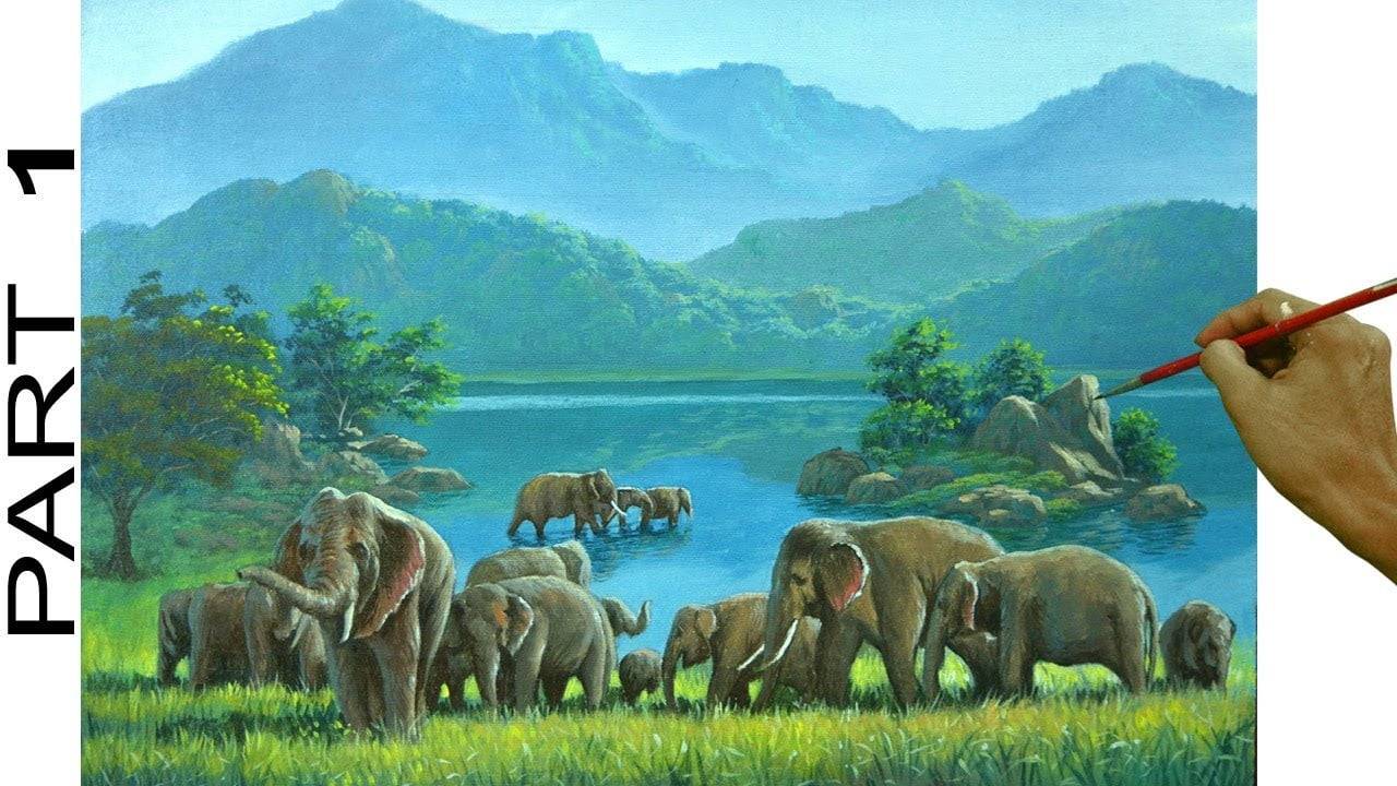Landscape Painting with lake and Elephants | Acrylic Painting Tutorial | Part 1