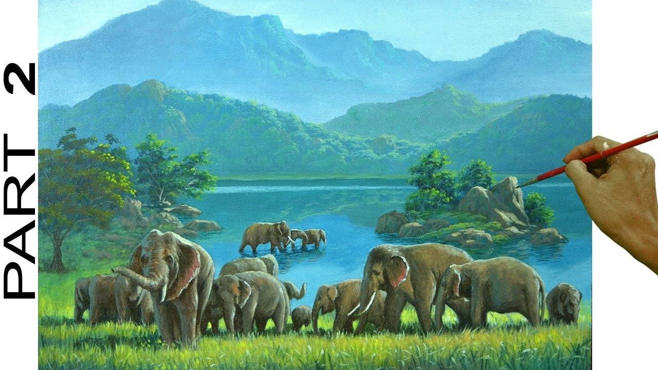 Landscape Painting with lake and Elephants | Acrylic Painting Tutorial | Part 2
