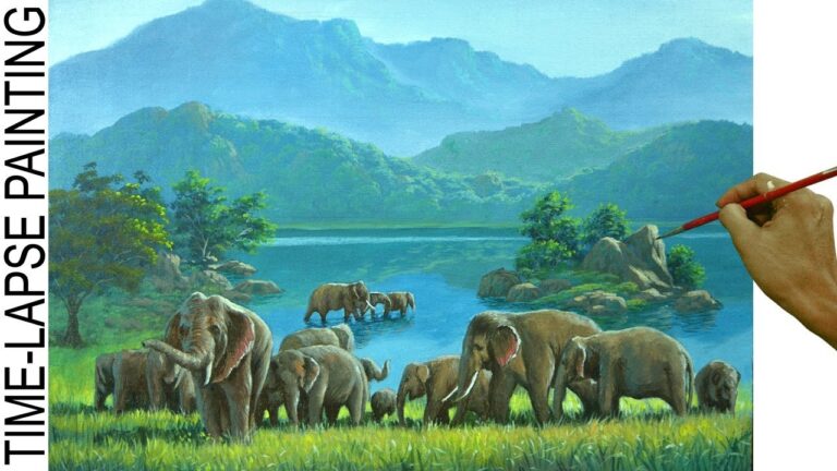 Landscape Painting with lake and Elephants | Acrylic Painting in Time Lapse