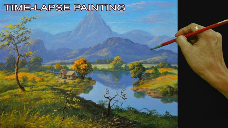 Landscape with Mountains, River and Houses | Acrylic Painting Tutorial in Time lapse