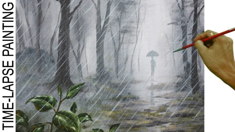 Man with Umbrella Walking in the Raining Forest | Acrylic Painting in Time Lapse