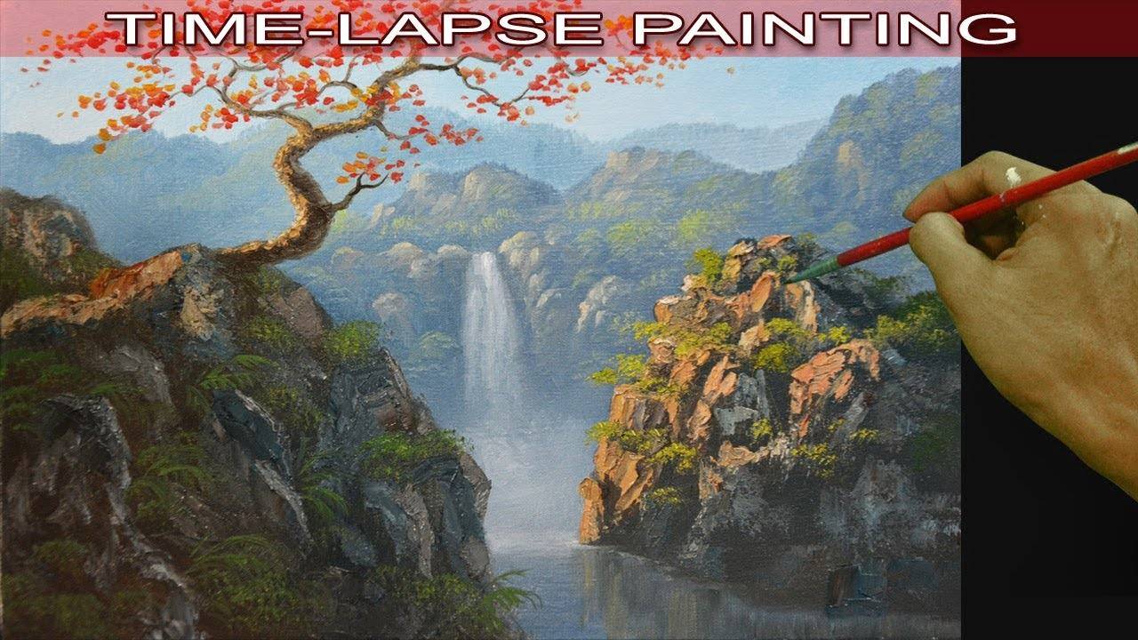 Oil Landscape Painting in Time Lapse Autumn Red Tree on Top Cliff and Waterfall using Palette Knife