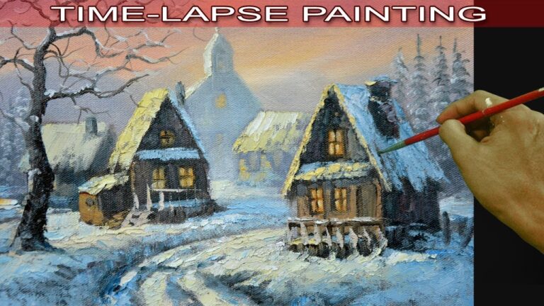 Oil Landscape Painting in Time Lapse Houses in Snow Village using Palette Knife by JM Lisondra
